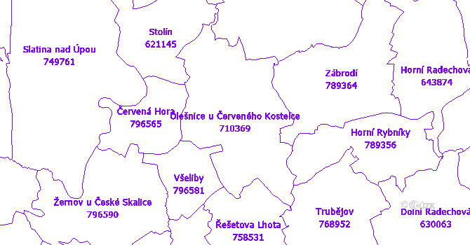 Katastrální mapa Olešnice u Červeného Kostelce - přehledová mapa katastrálního území