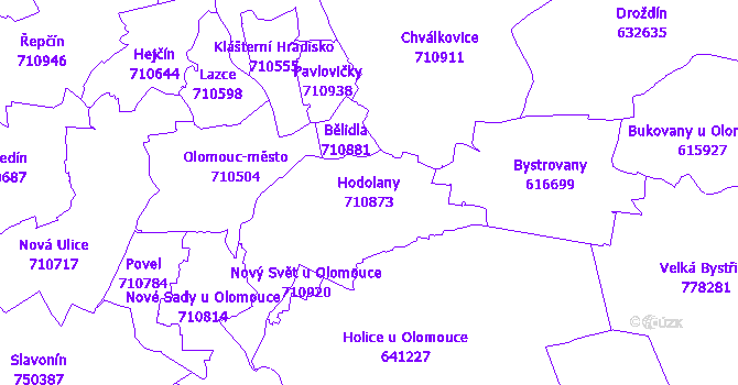 Katastrální mapa Hodolany - přehledová mapa katastrálního území
