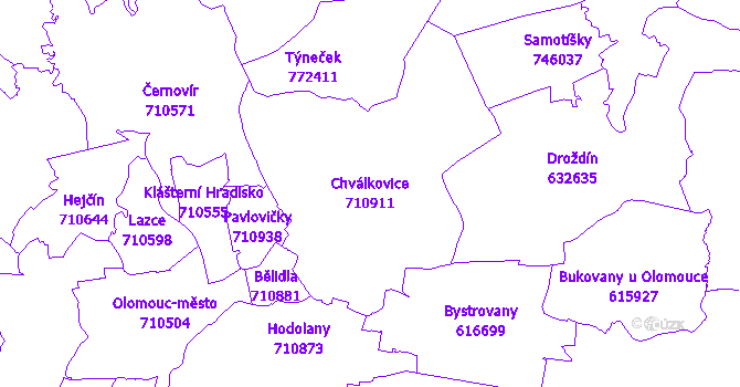 Katastrální mapa Chválkovice - přehledová mapa katastrálního území