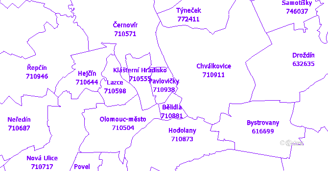 Katastrální mapa Pavlovičky - přehledová mapa katastrálního území