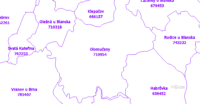 Katastrální mapa Olomučany - přehledová mapa katastrálního území