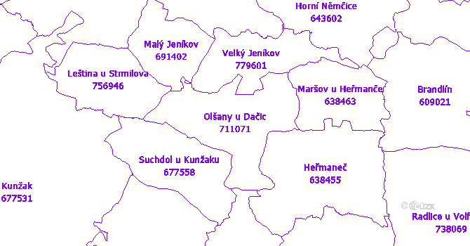 Katastrální mapa Olšany u Dačic - přehledová mapa katastrálního území