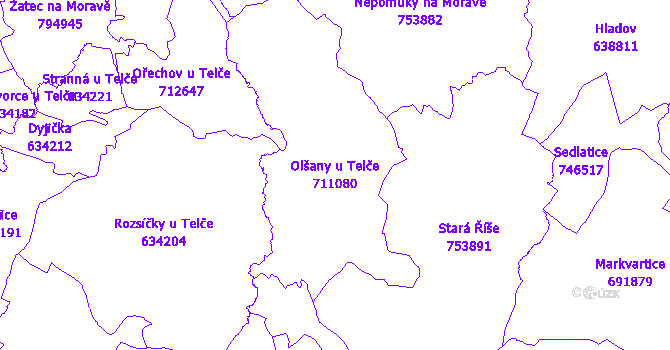 Katastrální mapa Olšany u Telče - přehledová mapa katastrálního území
