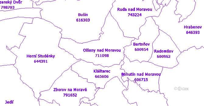 Katastrální mapa Olšany nad Moravou - přehledová mapa katastrálního území