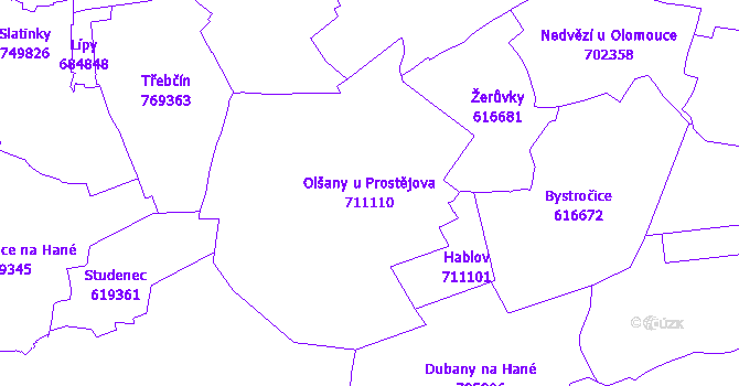 Katastrální mapa Olšany u Prostějova - přehledová mapa katastrálního území