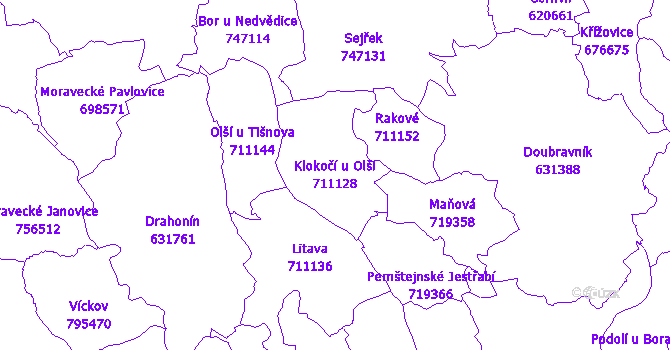 Katastrální mapa Klokočí u Olší - přehledová mapa katastrálního území
