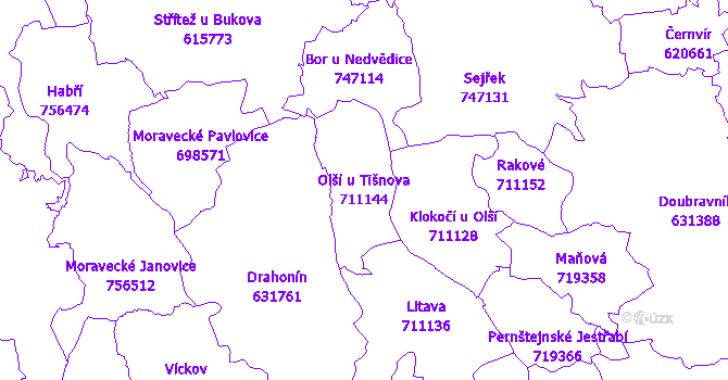 Katastrální mapa Olší u Tišnova - přehledová mapa katastrálního území