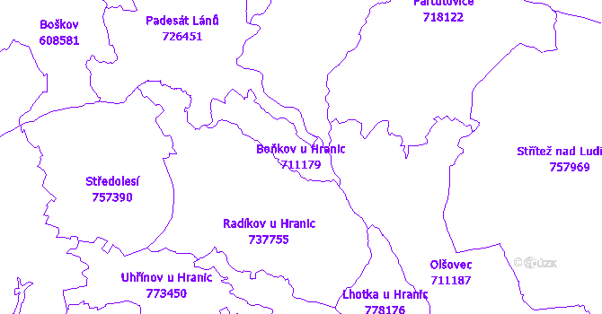 Katastrální mapa Boňkov u Hranic - přehledová mapa katastrálního území