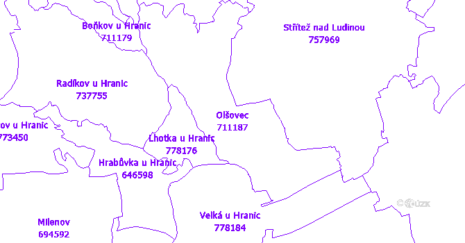 Katastrální mapa Olšovec - přehledová mapa katastrálního území