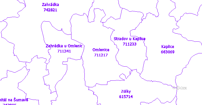 Katastrální mapa Omlenice - přehledová mapa katastrálního území