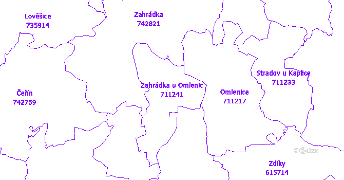 Katastrální mapa Zahrádka u Omlenic - přehledová mapa katastrálního území
