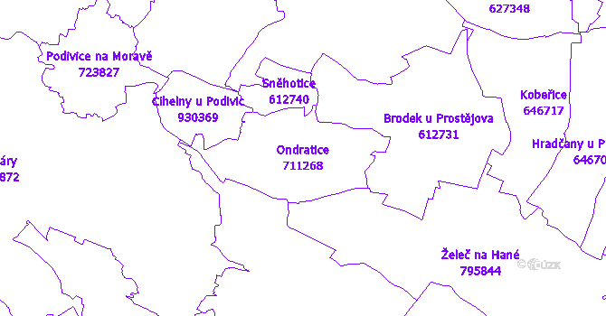 Katastrální mapa Ondratice - přehledová mapa katastrálního území