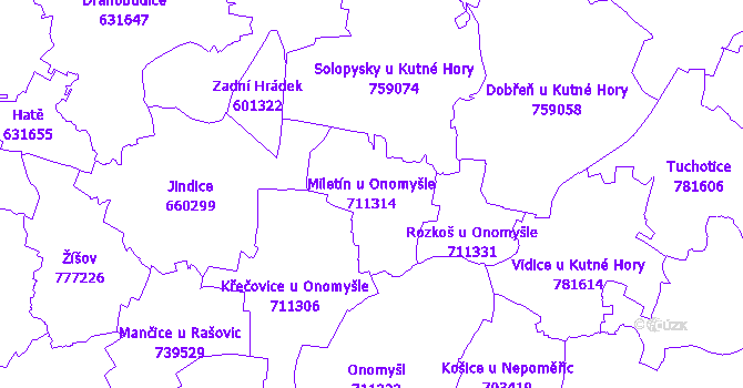 Katastrální mapa Miletín u Onomyšle - přehledová mapa katastrálního území