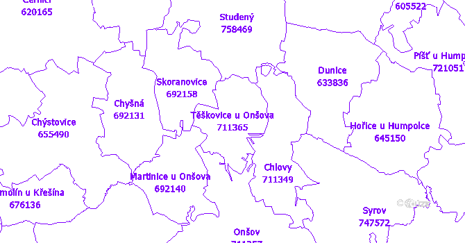 Katastrální mapa Těškovice u Onšova - přehledová mapa katastrálního území