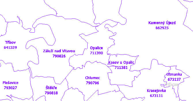 Katastrální mapa Opalice - přehledová mapa katastrálního území