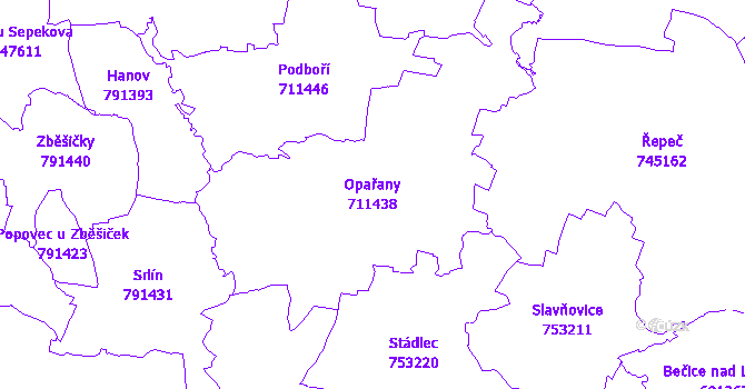 Katastrální mapa Opařany - přehledová mapa katastrálního území