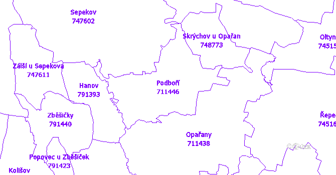 Katastrální mapa Podboří - přehledová mapa katastrálního území