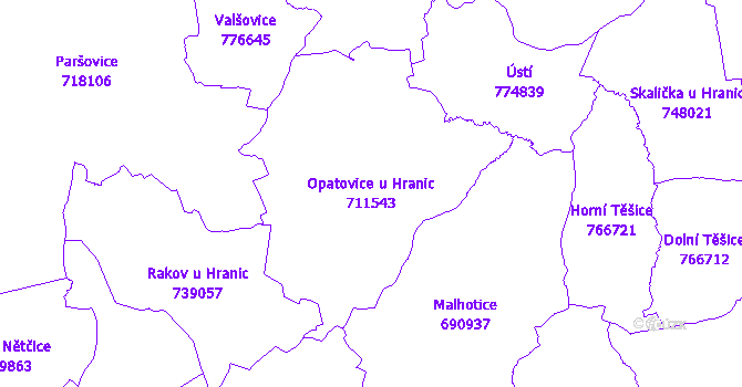 Katastrální mapa Opatovice u Hranic - přehledová mapa katastrálního území