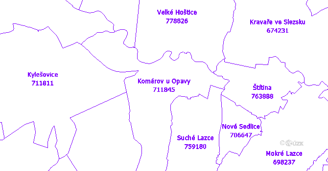 Katastrální mapa Komárov u Opavy - přehledová mapa katastrálního území