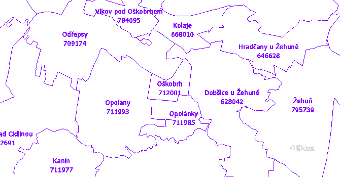 Katastrální mapa Oškobrh - přehledová mapa katastrálního území