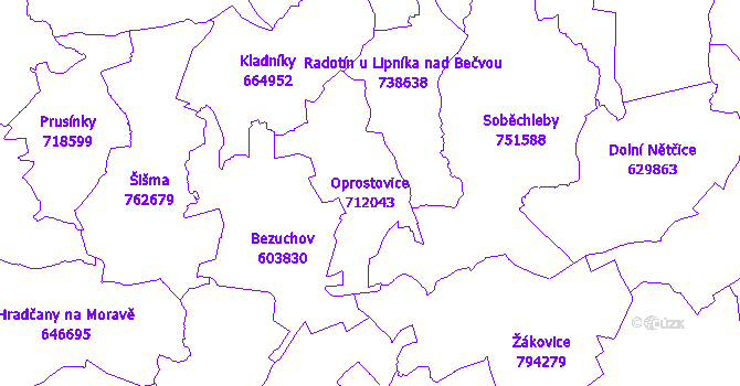 Katastrální mapa Oprostovice - přehledová mapa katastrálního území