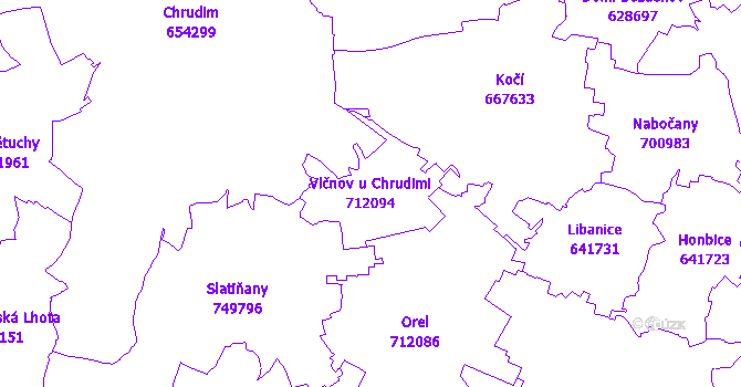 Katastrální mapa Vlčnov u Chrudimi - přehledová mapa katastrálního území