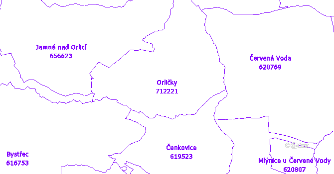 Katastrální mapa Orličky - přehledová mapa katastrálního území