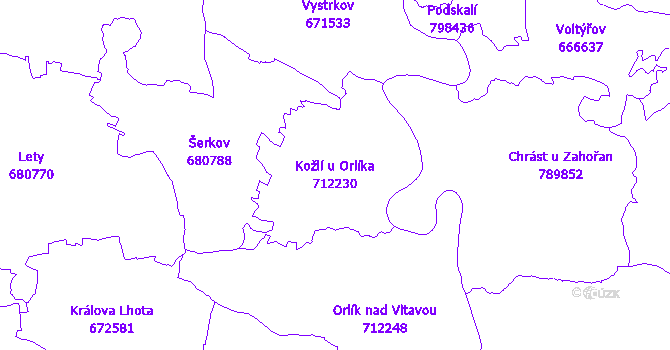 Katastrální mapa Kožlí u Orlíka - přehledová mapa katastrálního území