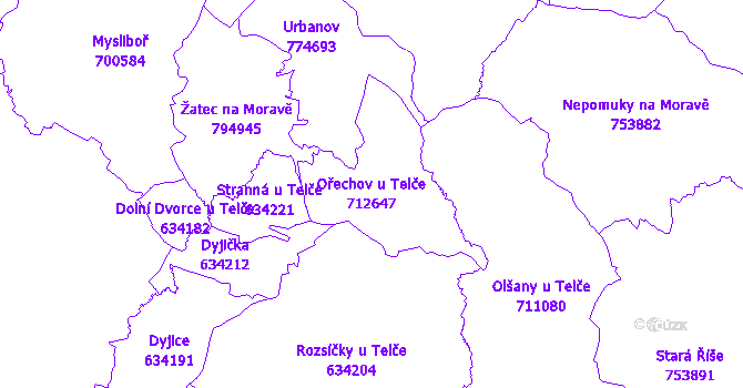 Katastrální mapa Ořechov u Telče - přehledová mapa katastrálního území