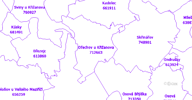 Katastrální mapa Ořechov u Křižanova - přehledová mapa katastrálního území