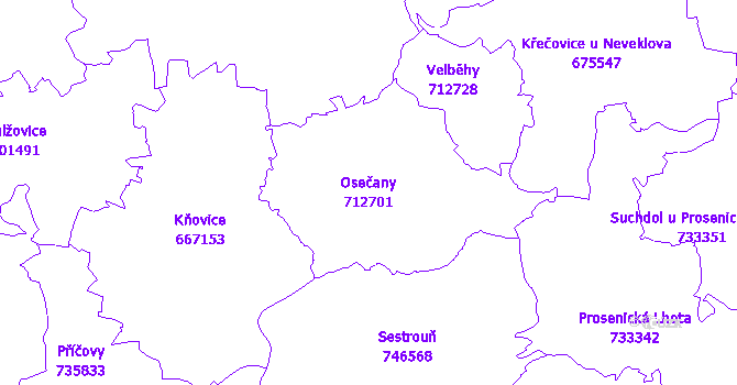 Katastrální mapa Osečany - přehledová mapa katastrálního území