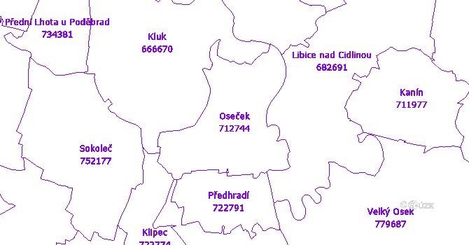 Katastrální mapa Oseček - přehledová mapa katastrálního území