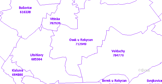 Katastrální mapa Osek u Rokycan - přehledová mapa katastrálního území