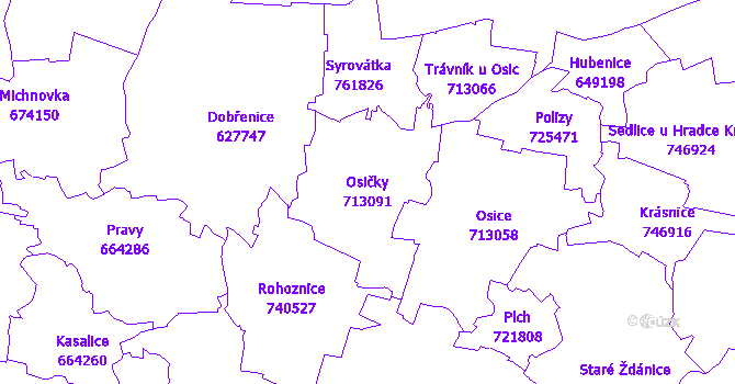 Katastrální mapa Osičky - přehledová mapa katastrálního území