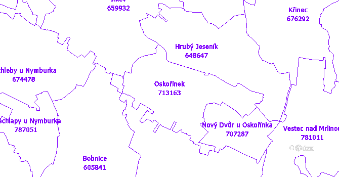 Katastrální mapa Oskořínek - přehledová mapa katastrálního území
