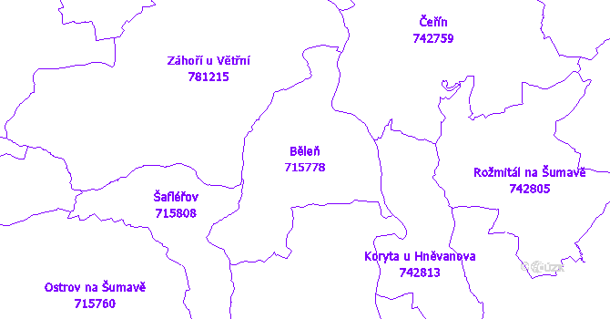 Katastrální mapa Běleň - přehledová mapa katastrálního území