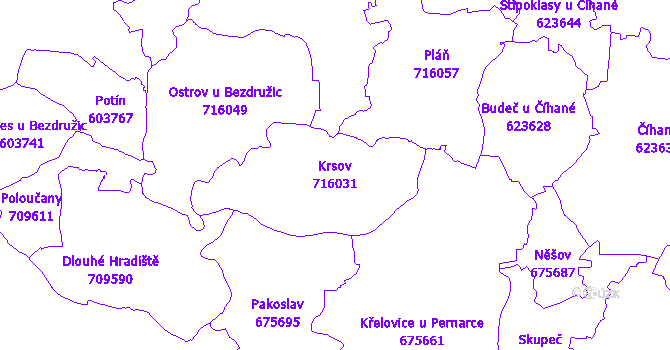 Katastrální mapa Krsov - přehledová mapa katastrálního území