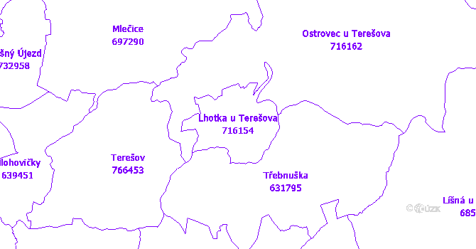 Katastrální mapa Lhotka u Terešova - přehledová mapa katastrálního území