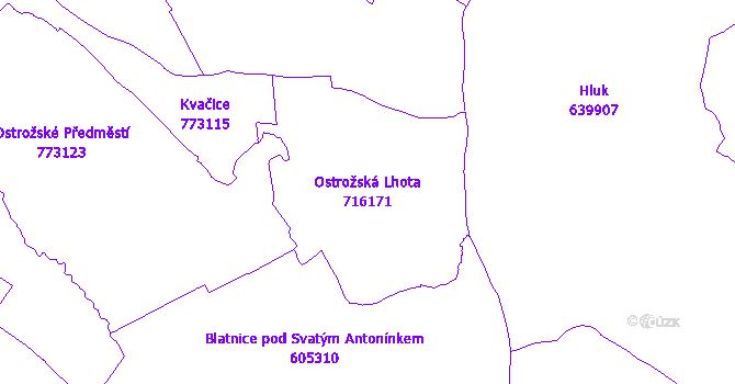 Katastrální mapa Ostrožská Lhota - přehledová mapa katastrálního území