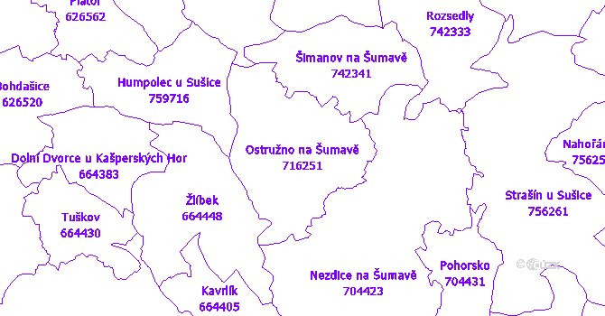 Katastrální mapa Ostružno na Šumavě - přehledová mapa katastrálního území