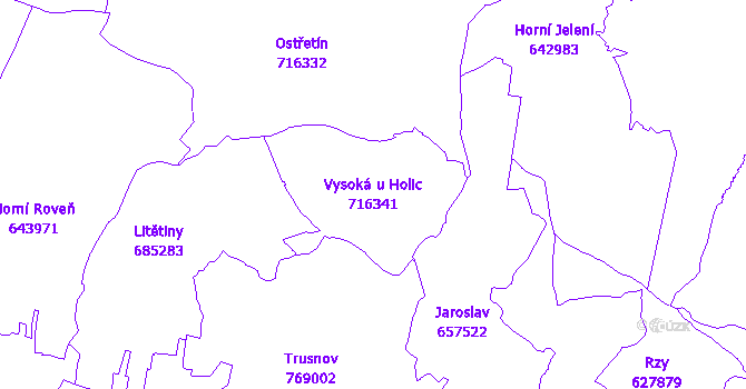 Katastrální mapa Vysoká u Holic - přehledová mapa katastrálního území