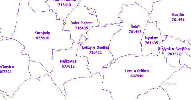 Katastrální mapa Lobzy u Ošelína - přehledová mapa katastrálního území