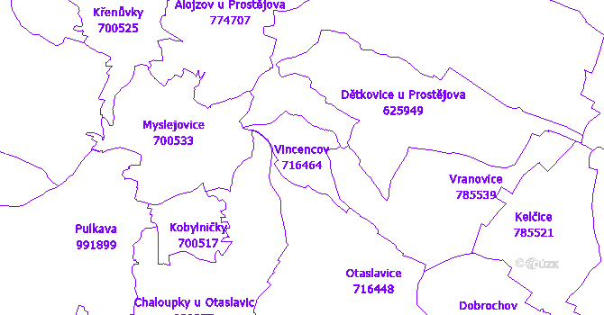 Katastrální mapa Vincencov - přehledová mapa katastrálního území