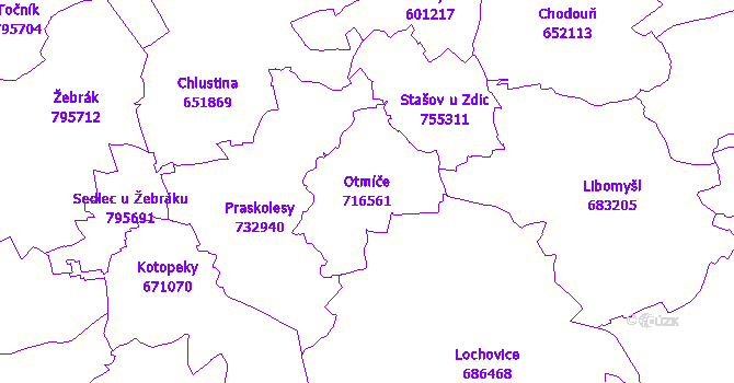 Katastrální mapa Otmíče - přehledová mapa katastrálního území