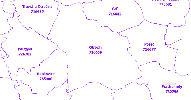 Katastrální mapa Otročín - přehledová mapa katastrálního území