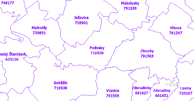 Katastrální mapa Podveky - přehledová mapa katastrálního území