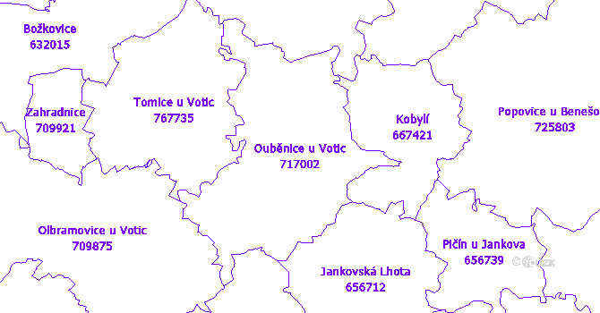 Katastrální mapa Ouběnice u Votic - přehledová mapa katastrálního území