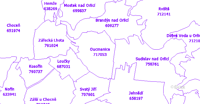 Katastrální mapa Oucmanice - přehledová mapa katastrálního území
