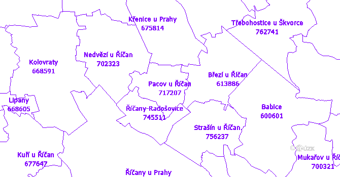 Katastrální mapa Pacov u Říčan - přehledová mapa katastrálního území