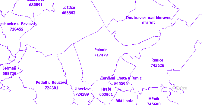 Katastrální mapa Palonín - přehledová mapa katastrálního území